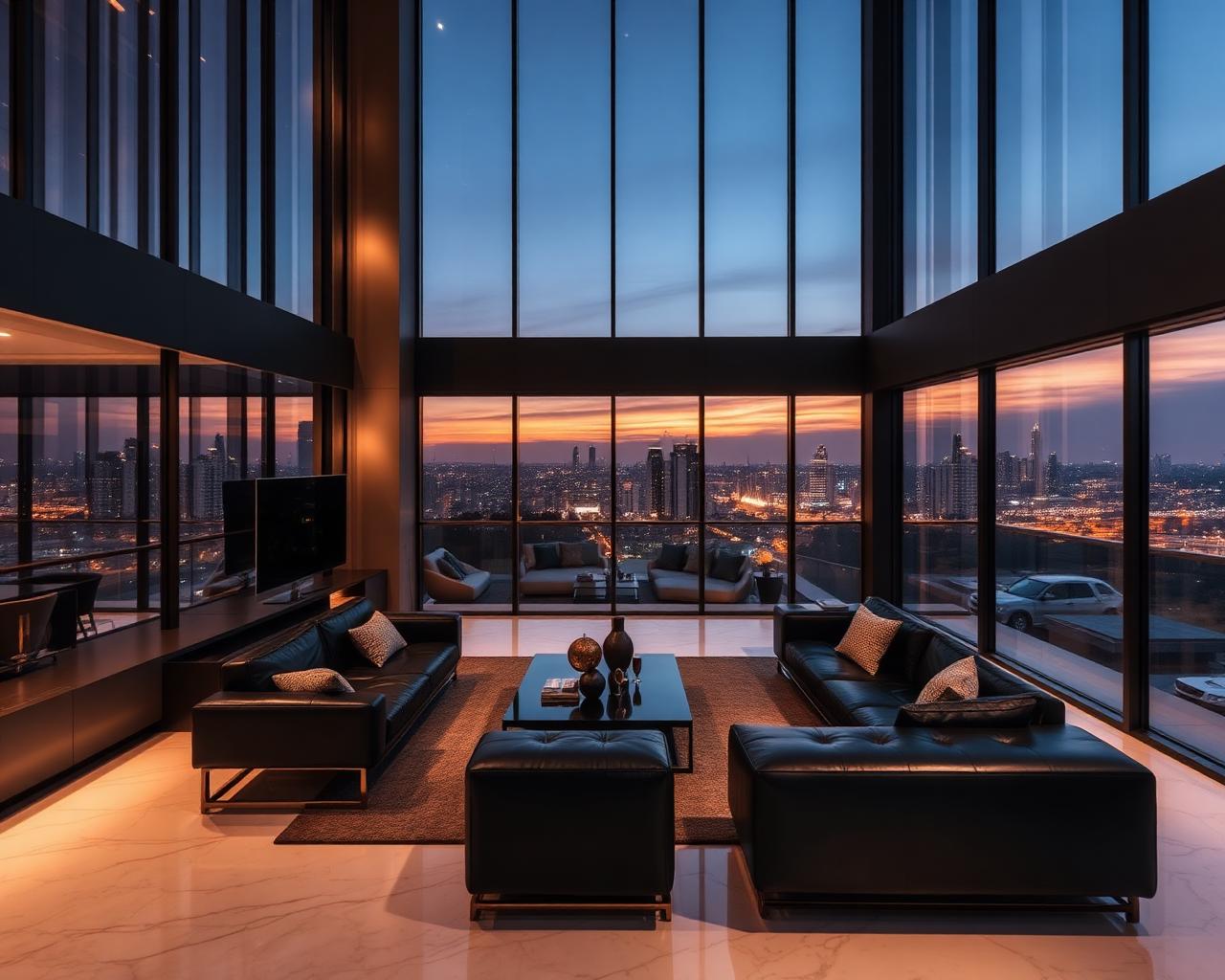 Luxury Bangalore penthouse interior at dusk